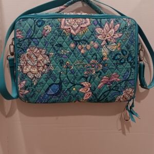 Vera Bradley Teal Quilted Floral Laptop Bag with Peacock Motif